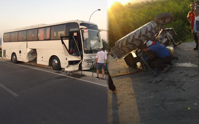 Denizli’de tur otobüsü traktörü 2’ye böldü