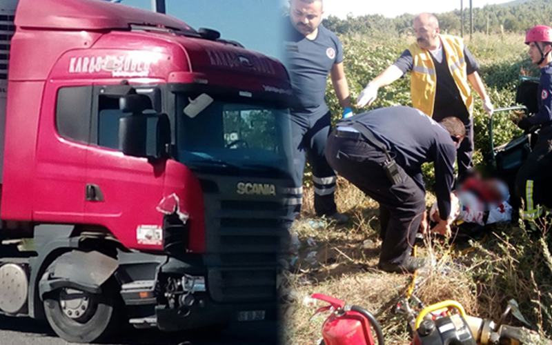 TIR ile çarpışan otomobil şarampole yuvarlandı