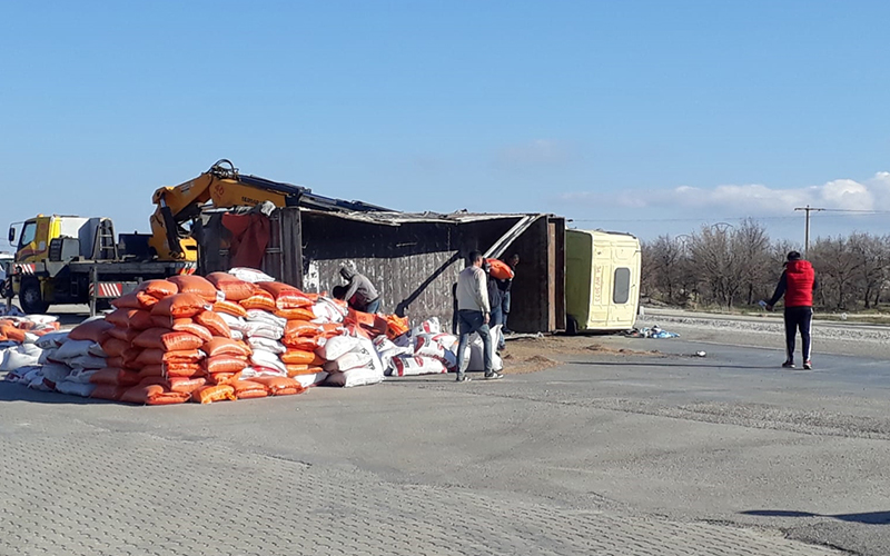 TIR devrildi, yem çuvalları yola saçıldı