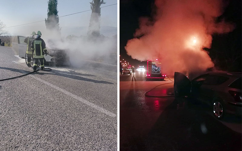 Araç yangınlarında sürücülerin yardımına itfaiyeciler yetişti