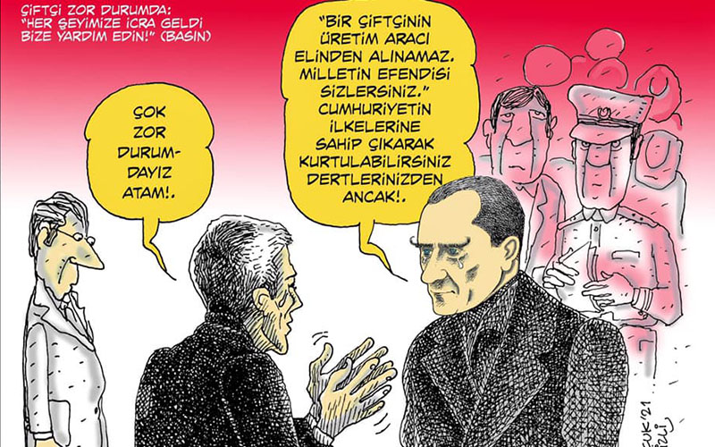 Mehmet Selçuk’un “Çiftçi ile Atatürk” karikatürü Cumhuriyet’in 1. sayfasında