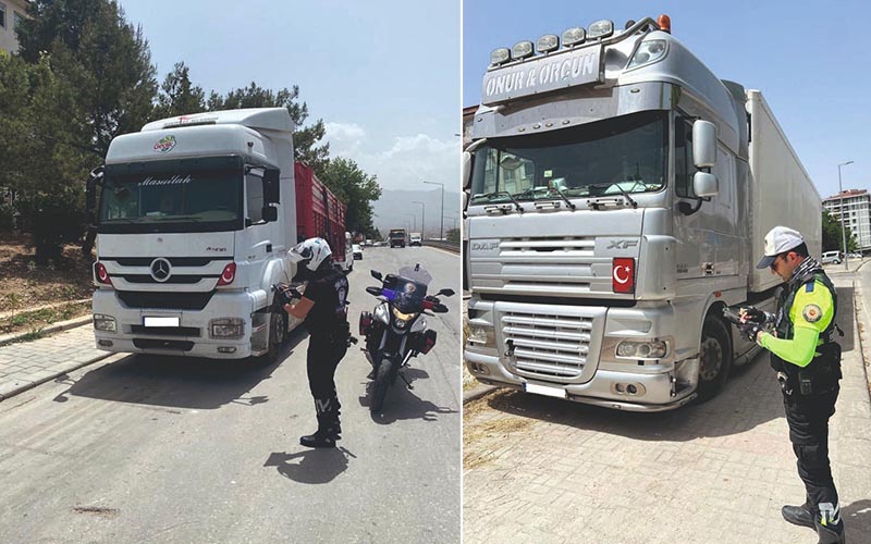 Park yasağına uymayan kamyonlara ceza kesildi