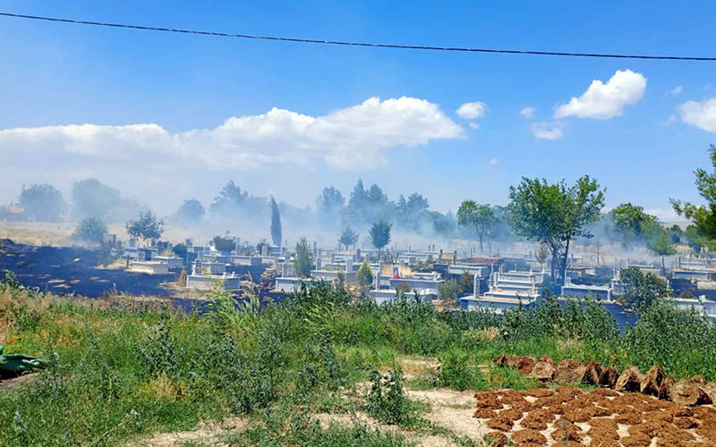 Otluk alanda yangın çıktı, alevler mezarlığa dayandı