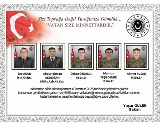 Şehit askerlerin isimleri açıklandı