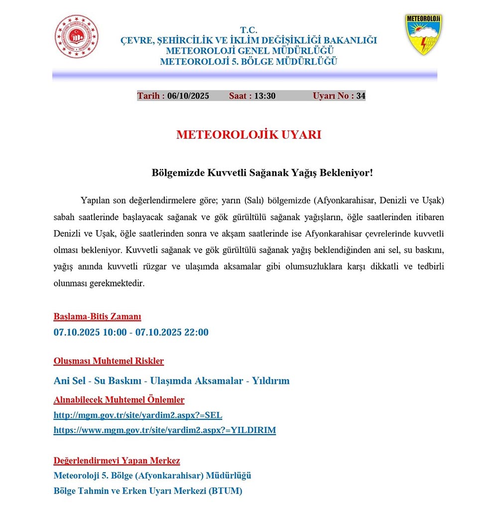 Denizli için kuvvetli sağanak yağış ve sel uyarısı yapıldı