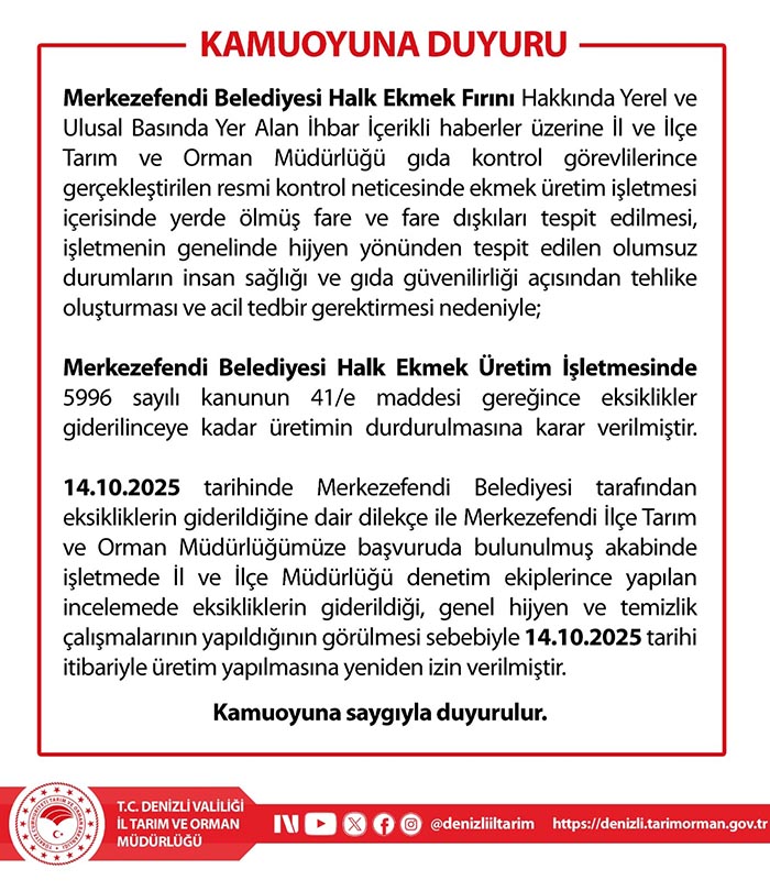 Denizli İl Tarım ve Orman Müdürlüğünden Halk Ekmek açıklaması