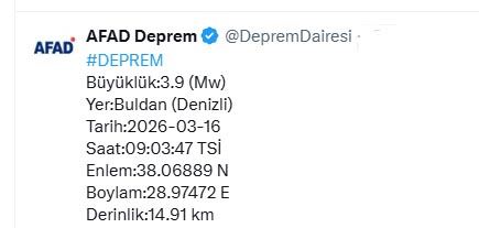 Denizli'de 3.9 büyüklüğünde deprem oldu