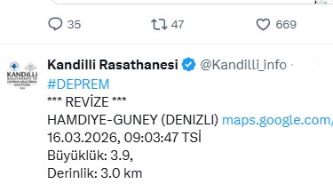 Denizli'de 3.9 büyüklüğünde deprem oldu