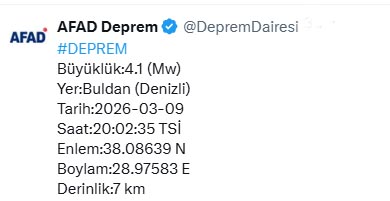 Denizli'de 4.1 büyüklüğünde deprem meydana geldi