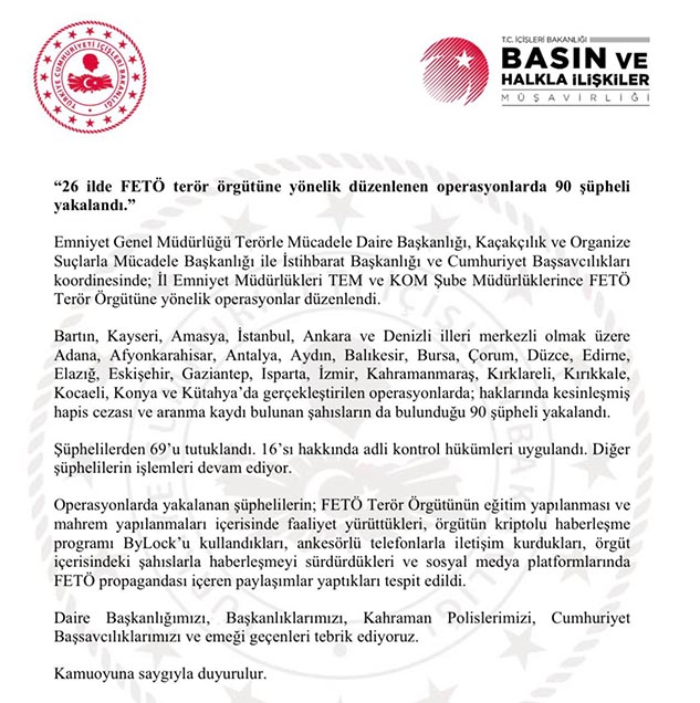 Denizli ile birlikte 26 ilde düzenlenen operasyonlarda 90 FETÖ üyesi yakalandı
