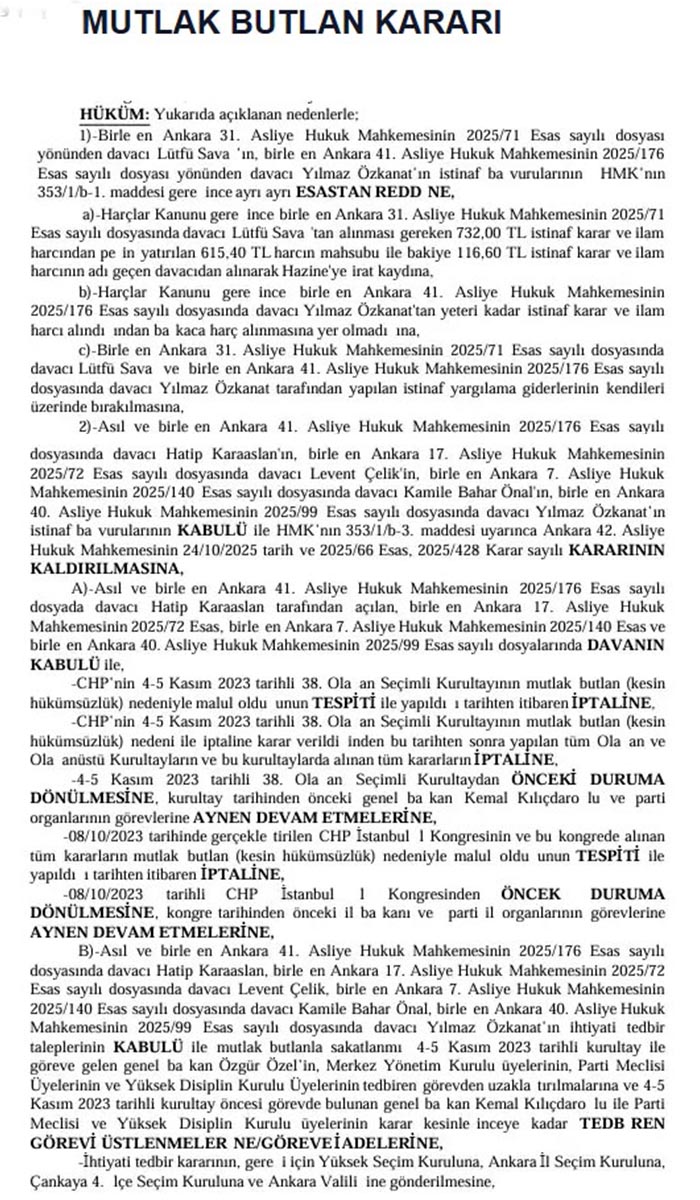CHP kurultayı davasında tedbirli mutlak butlan kararı çıktı