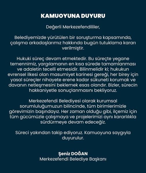 Denizli Merkezefendi Belediye Başkanı Şeniz Doğan'dan operasyon soruşturma açıklaması